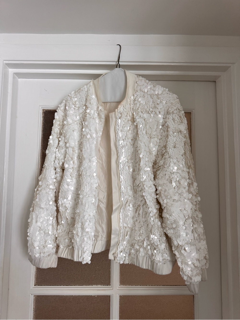 H&M Ivory Sequin Bomber Jacket